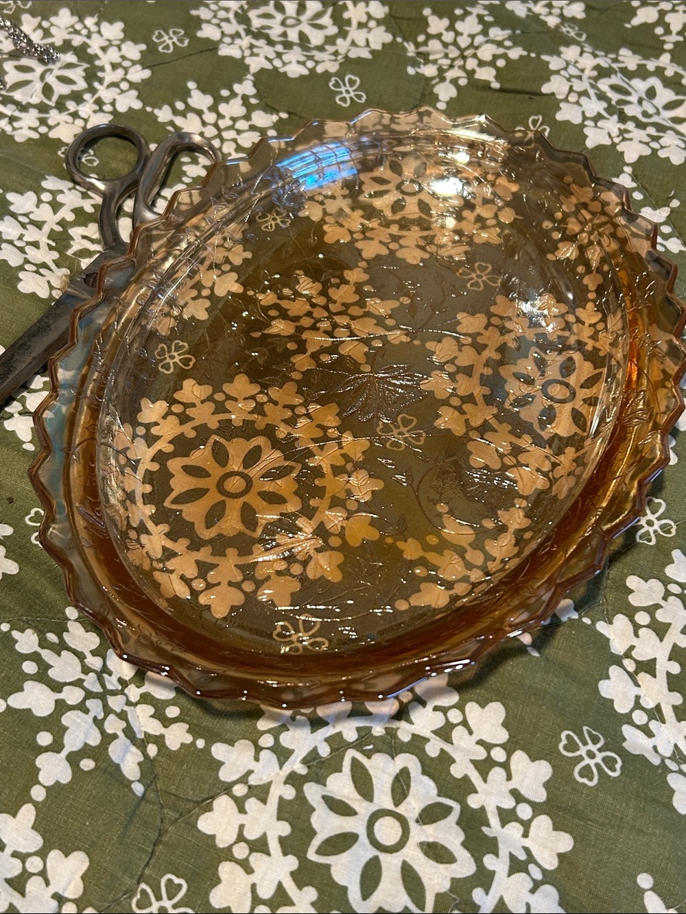 MCM Amber Pressed Glass Floral Oval Dish/ oil glass